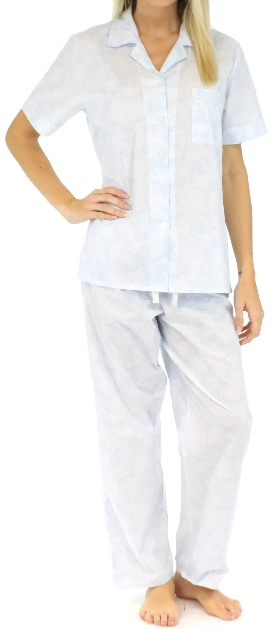 Sleepyheads Women's Poplin Cotton Short Sleeve Button Up Top and Pants Pajama Set