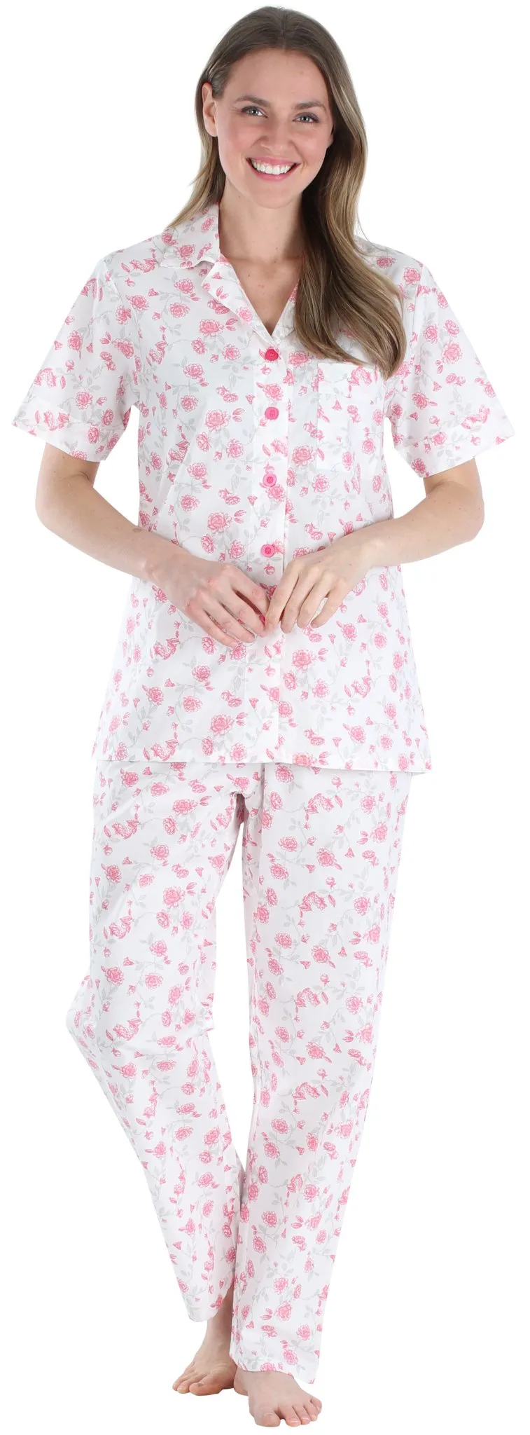 Sleepyheads Women's Poplin Cotton Short Sleeve Button Up Top and Pants Pajama Set