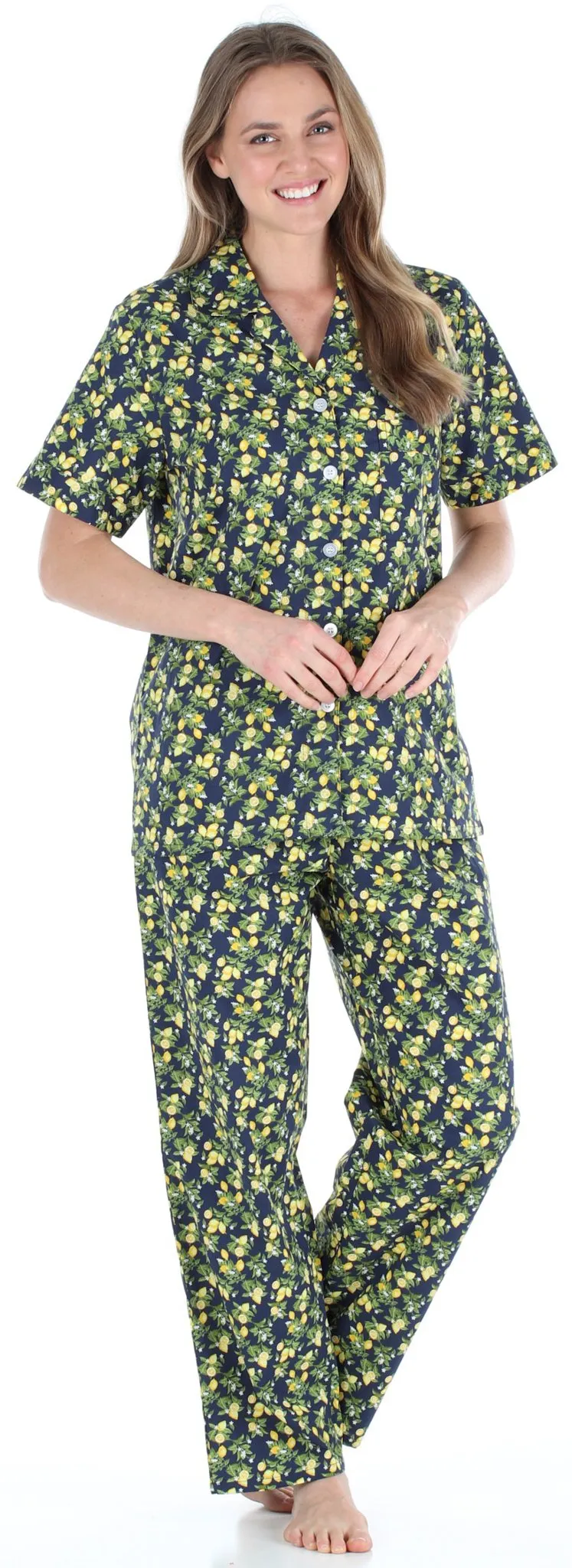 Sleepyheads Women's Poplin Cotton Short Sleeve Button Up Top and Pants Pajama Set