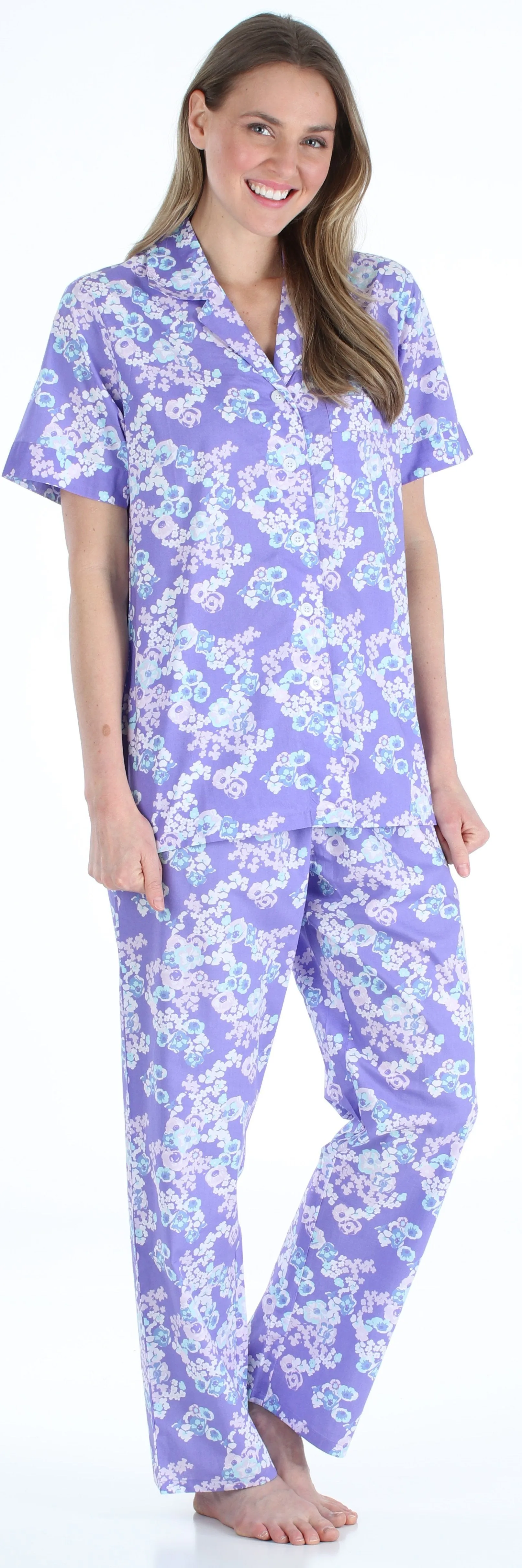 Sleepyheads Women's Poplin Cotton Short Sleeve Button Up Top and Pants Pajama Set