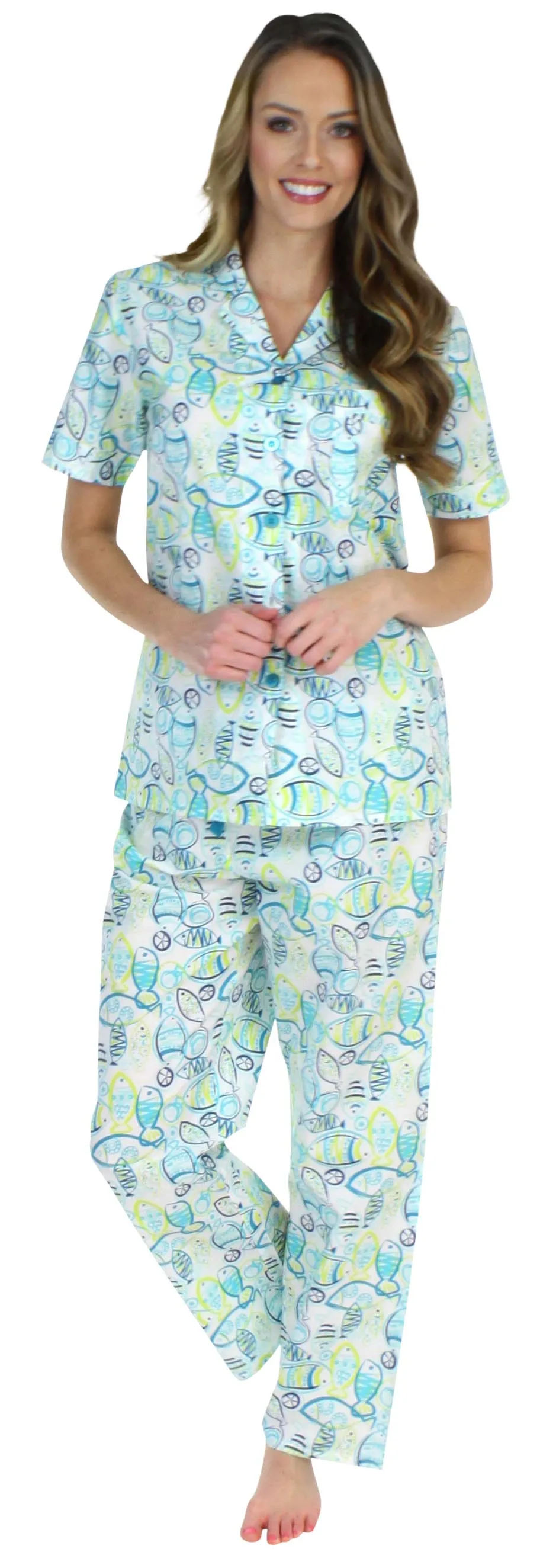 Sleepyheads Women's Poplin Cotton Short Sleeve Button Up Top and Pants Pajama Set