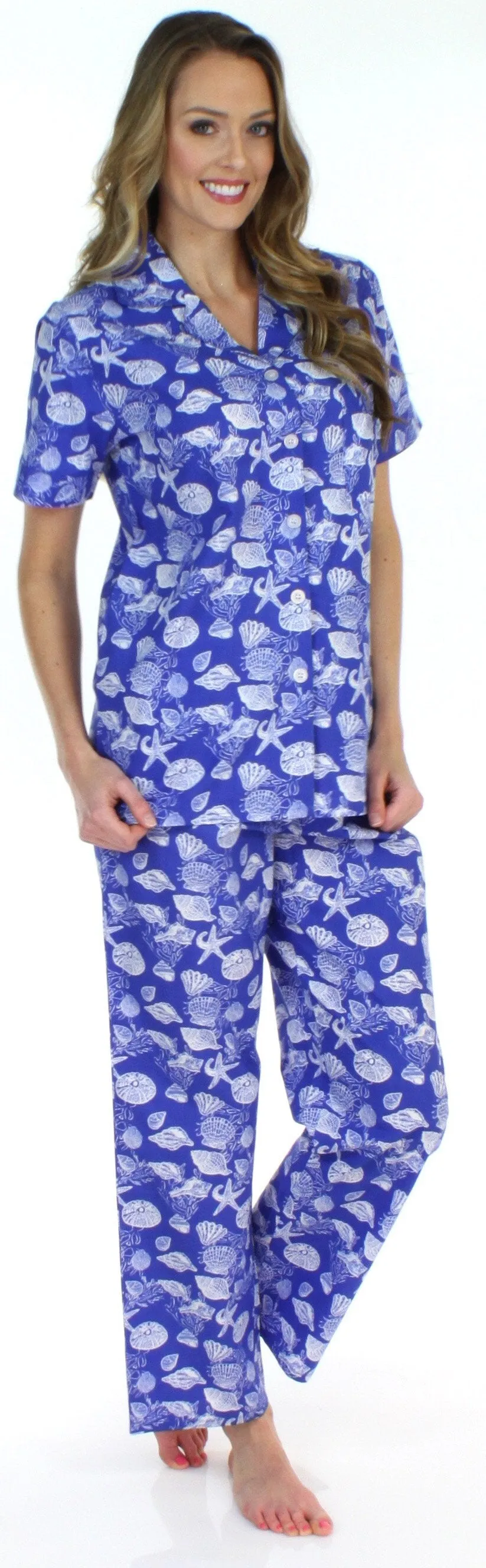 Sleepyheads Women's Poplin Cotton Short Sleeve Button Up Top and Pants Pajama Set