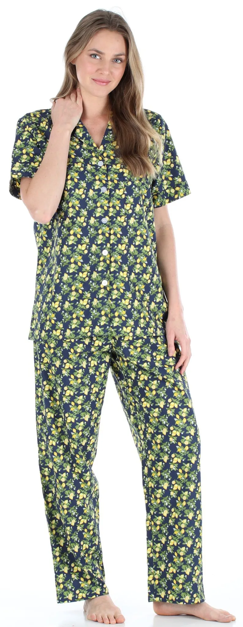 Sleepyheads Women's Poplin Cotton Short Sleeve Button Up Top and Pants Pajama Set