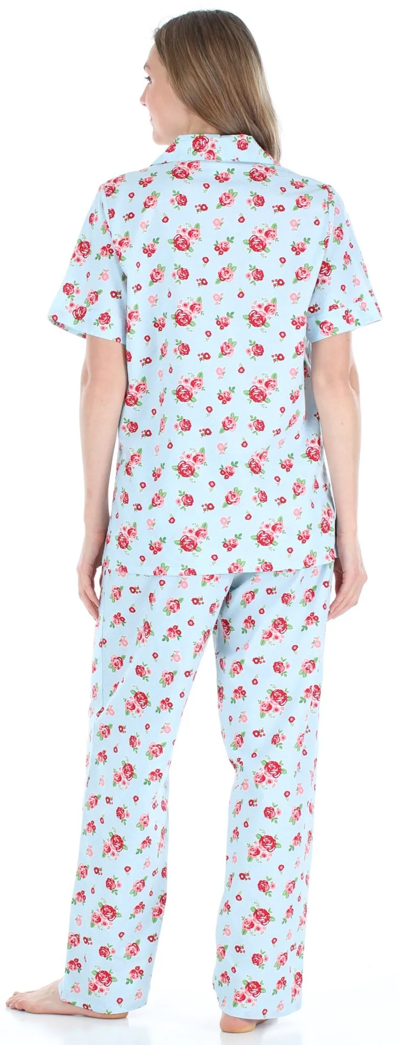 Sleepyheads Women's Poplin Cotton Short Sleeve Button Up Top and Pants Pajama Set