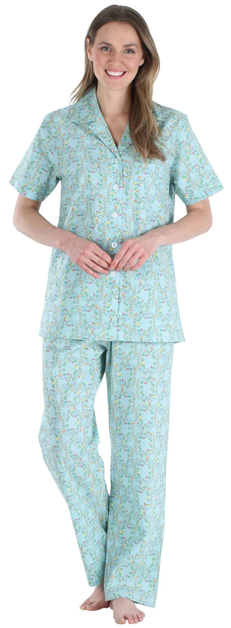 Sleepyheads Women's Poplin Cotton Short Sleeve Button Up Top and Pants Pajama Set