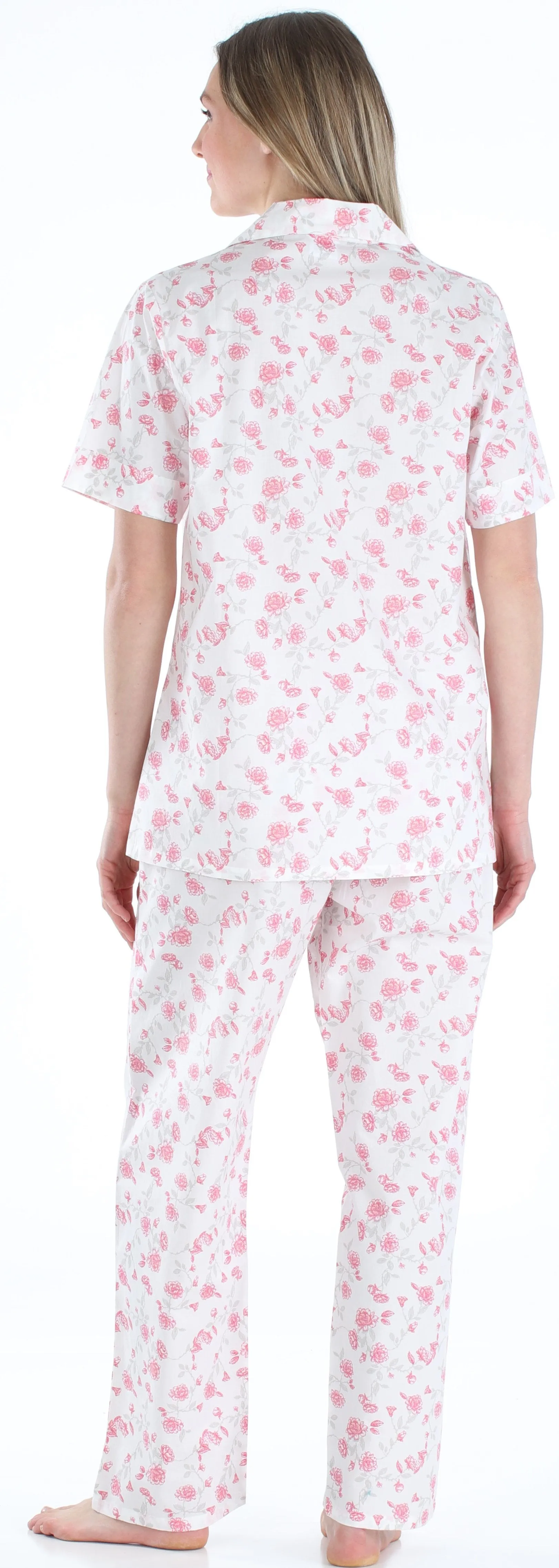 Sleepyheads Women's Poplin Cotton Short Sleeve Button Up Top and Pants Pajama Set