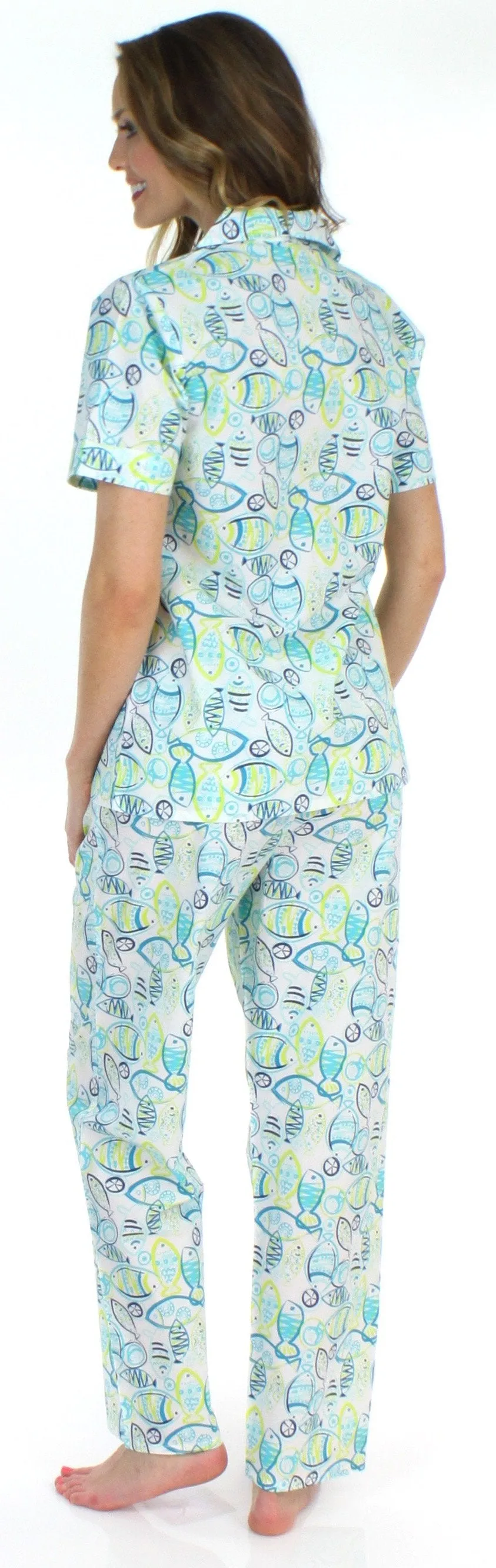 Sleepyheads Women's Poplin Cotton Short Sleeve Button Up Top and Pants Pajama Set