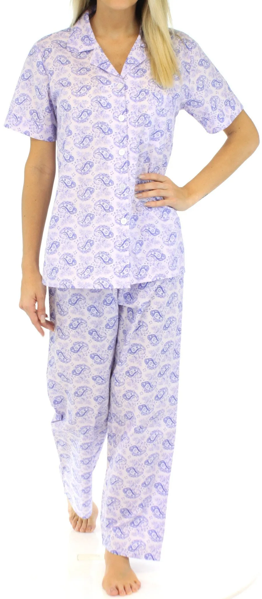 Sleepyheads Women's Poplin Cotton Short Sleeve Button Up Top and Pants Pajama Set