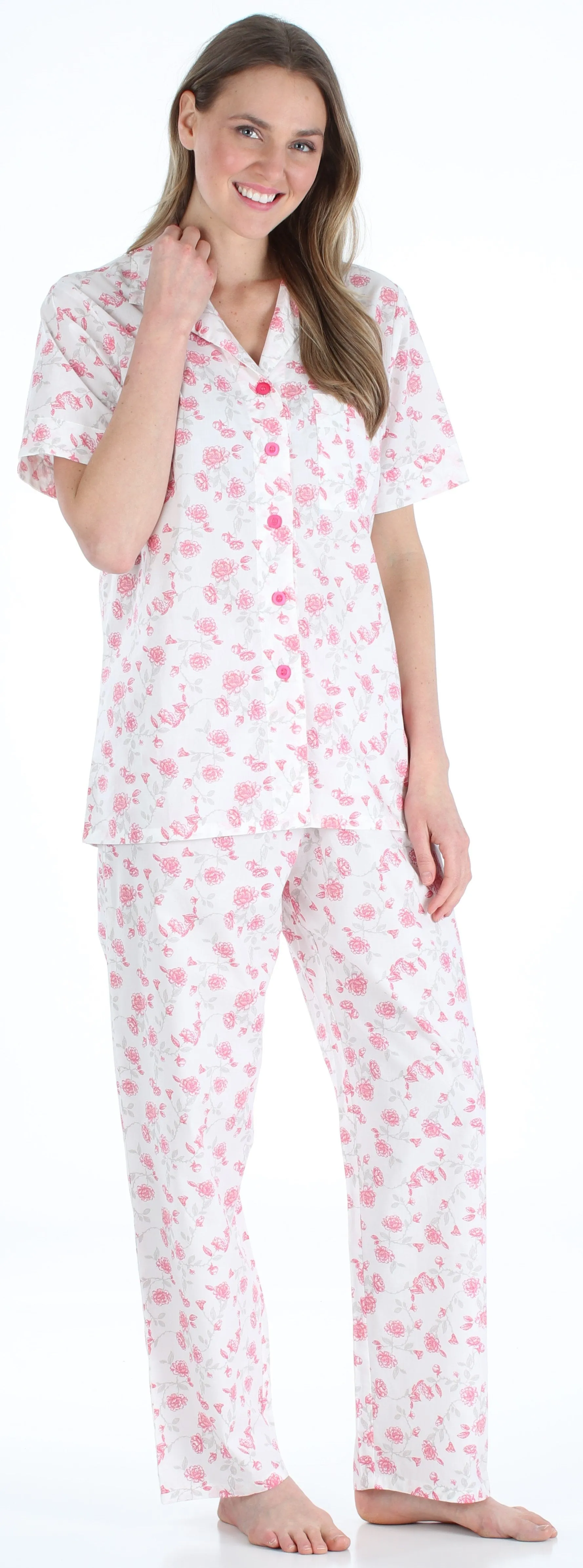 Sleepyheads Women's Poplin Cotton Short Sleeve Button Up Top and Pants Pajama Set