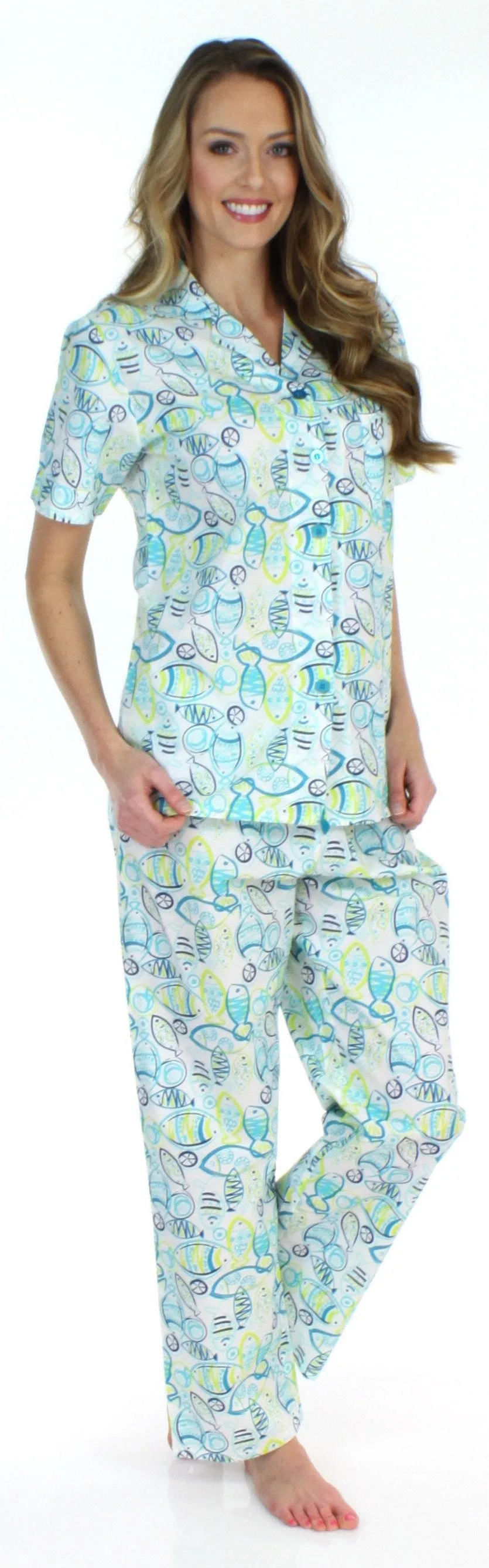 Sleepyheads Women's Poplin Cotton Short Sleeve Button Up Top and Pants Pajama Set