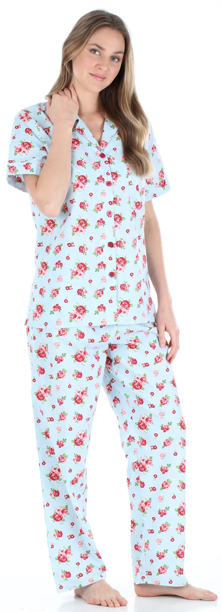 Sleepyheads Women's Poplin Cotton Short Sleeve Button Up Top and Pants Pajama Set