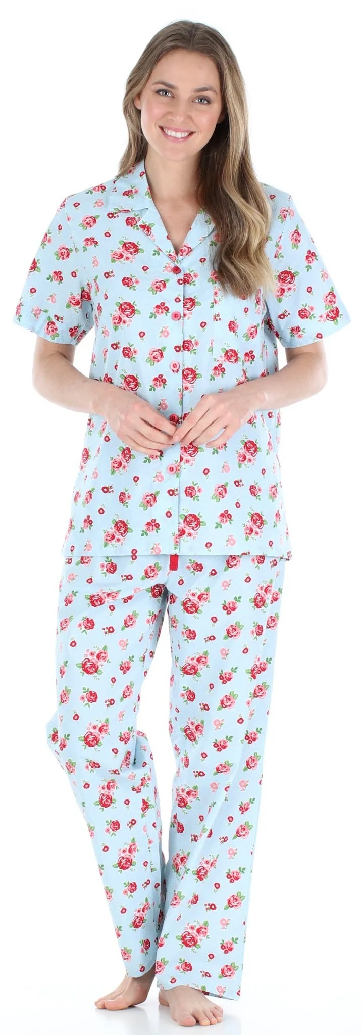 Sleepyheads Women's Poplin Cotton Short Sleeve Button Up Top and Pants Pajama Set