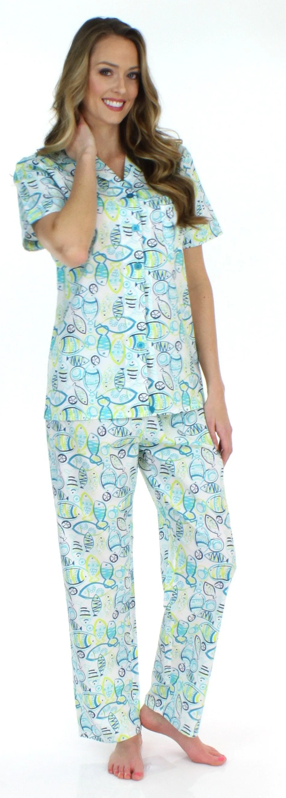 Sleepyheads Women's Poplin Cotton Short Sleeve Button Up Top and Pants Pajama Set