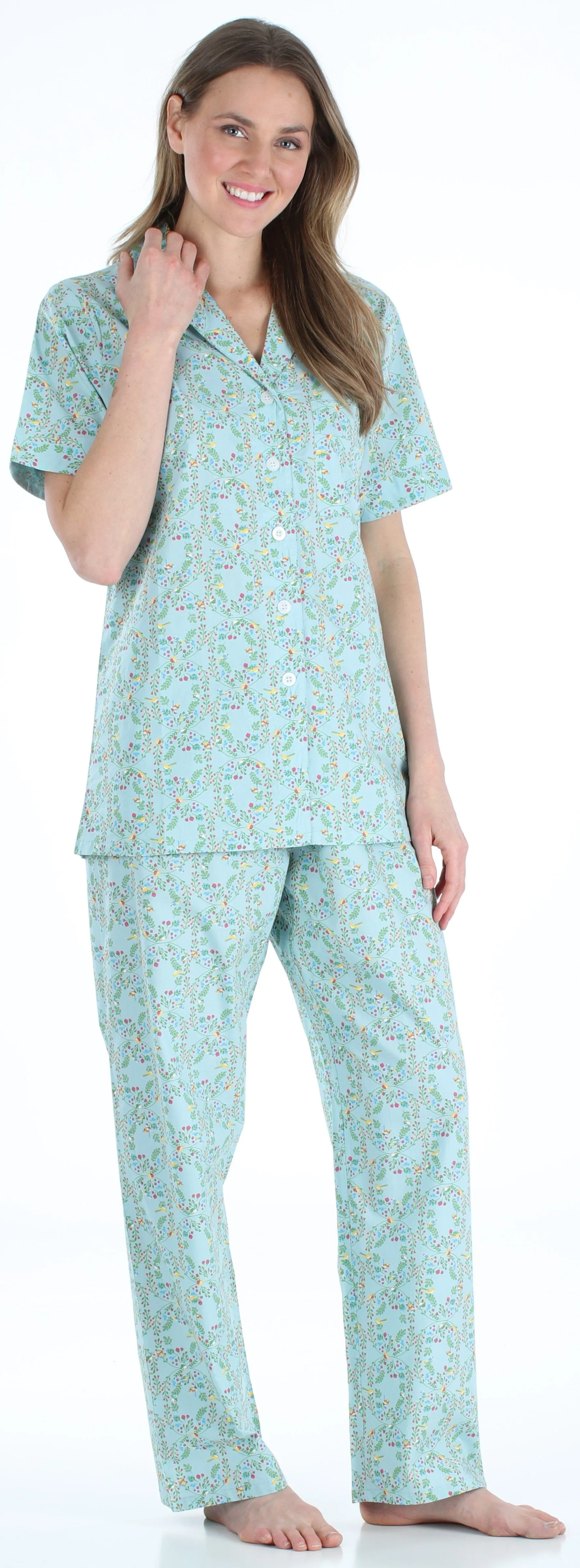 Sleepyheads Women's Poplin Cotton Short Sleeve Button Up Top and Pants Pajama Set