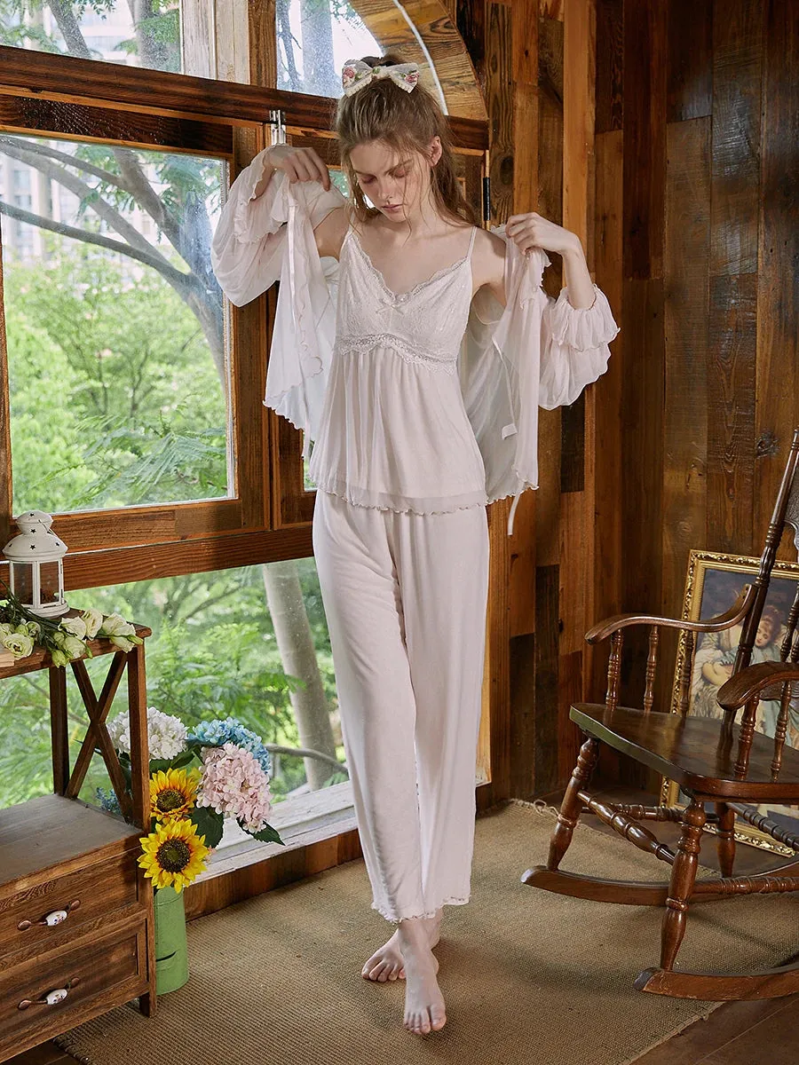 Slessic Lace Mesh Embroidered Camisole Three-Piece Pajama Set