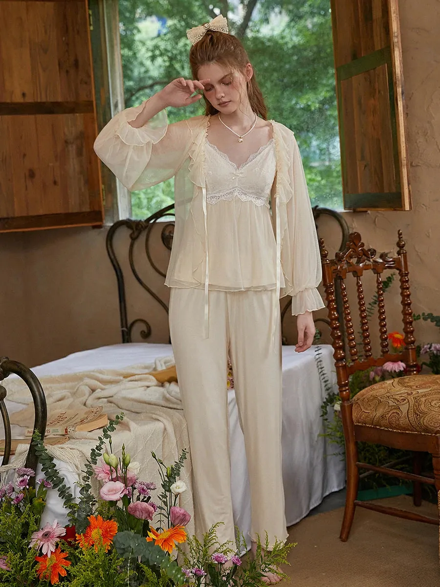 Slessic Lace Mesh Embroidered Camisole Three-Piece Pajama Set