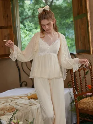 Slessic Lace Mesh Embroidered Camisole Three-Piece Pajama Set