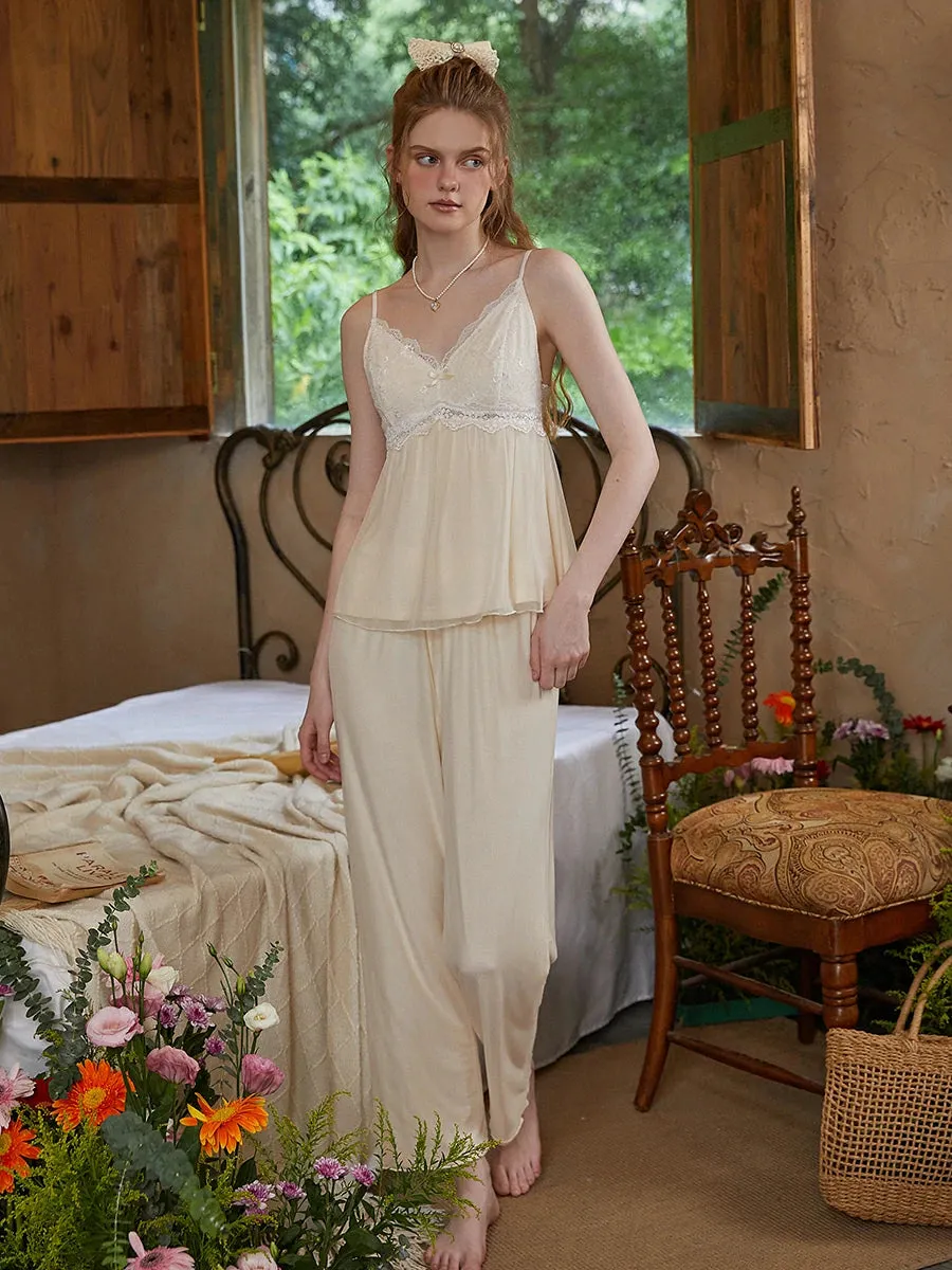 Slessic Lace Mesh Embroidered Camisole Three-Piece Pajama Set