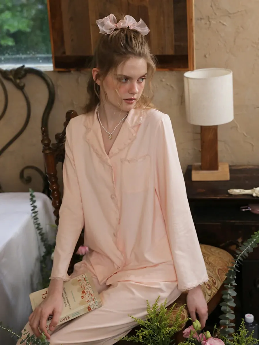 Slessic Vintage Embroidery Lace Edges With Pockets Pajama Set