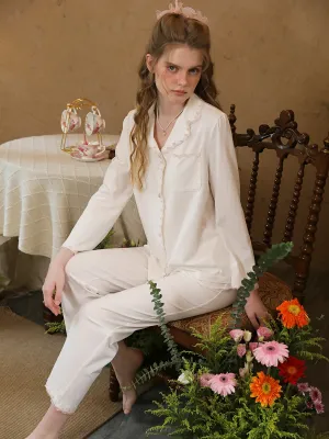 Slessic Vintage Embroidery Lace Edges With Pockets Pajama Set