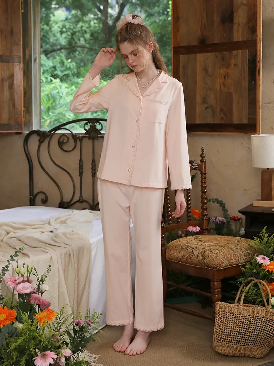 Slessic Vintage Embroidery Lace Edges With Pockets Pajama Set