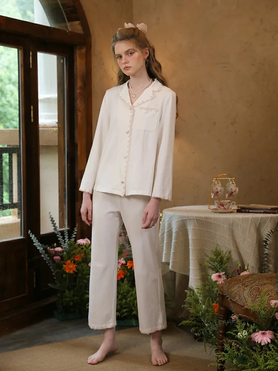 Slessic Vintage Embroidery Lace Edges With Pockets Pajama Set