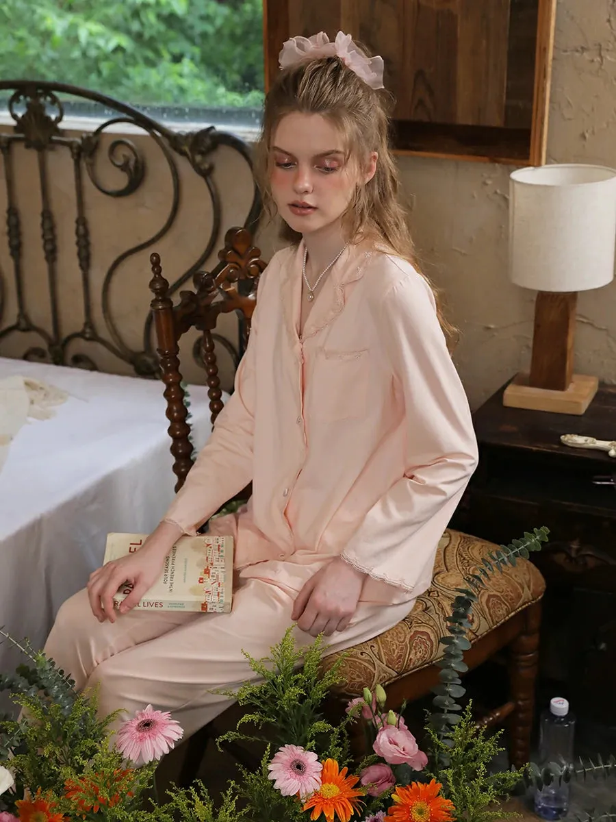 Slessic Vintage Embroidery Lace Edges With Pockets Pajama Set