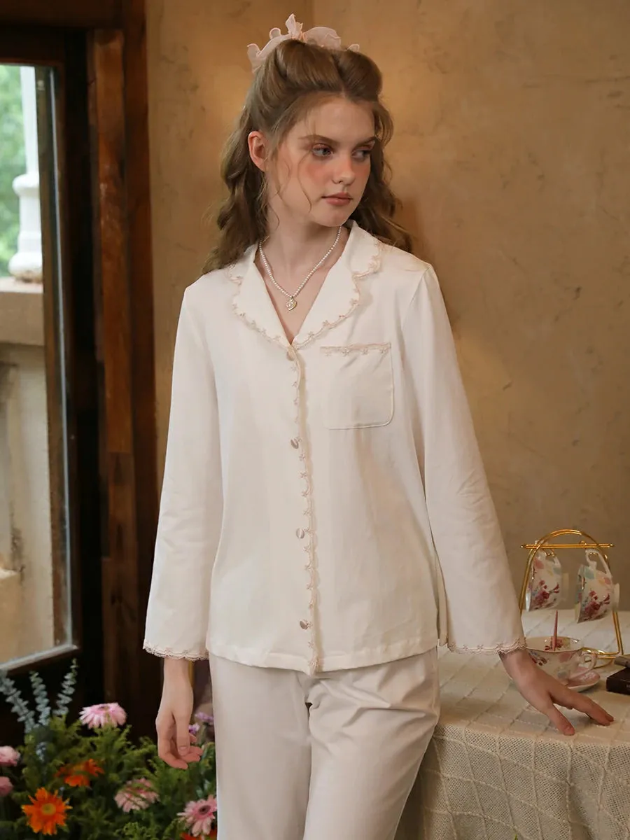 Slessic Vintage Embroidery Lace Edges With Pockets Pajama Set