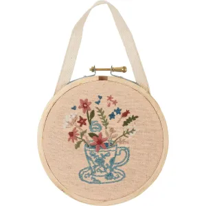 Teacup And Flowers Hand Embroidered Hoop