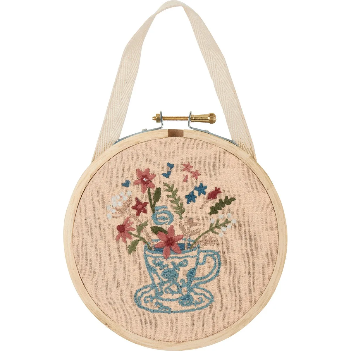 Teacup And Flowers Hand Embroidered Hoop