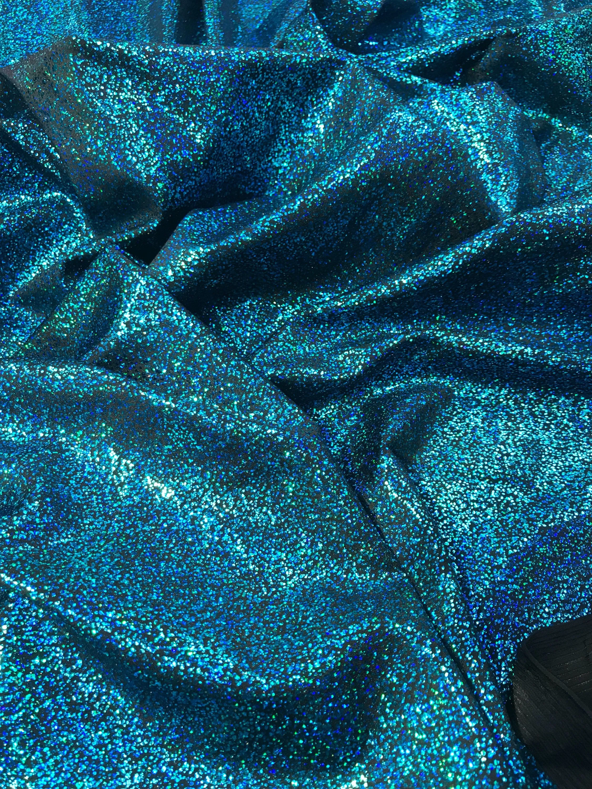 Turquoise-black iridescent shattered glass design 4 way Stretch nelon spandex-leggings-dresses-bathing suits-apparel-sold by the yard.
