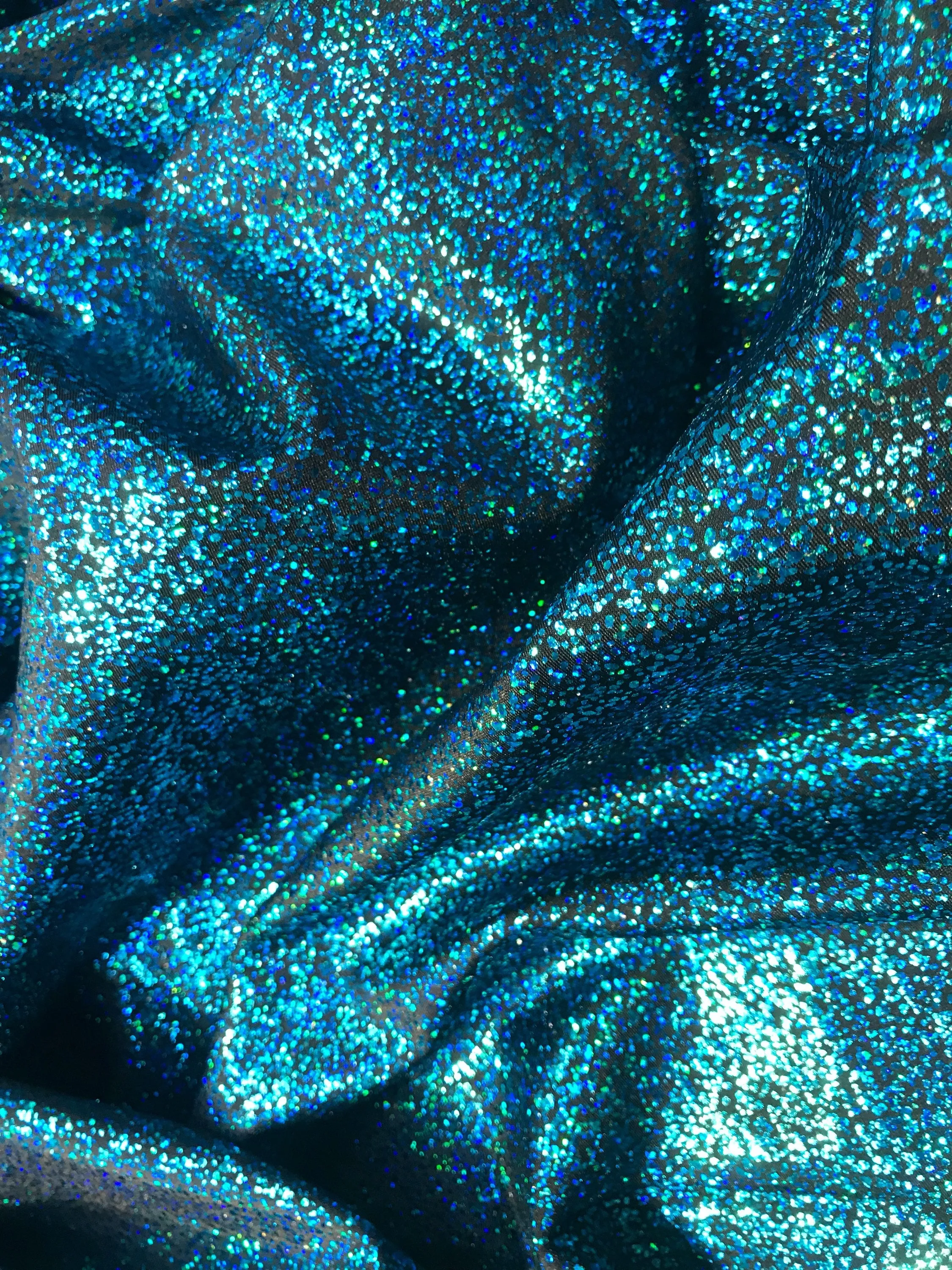 Turquoise-black iridescent shattered glass design 4 way Stretch nelon spandex-leggings-dresses-bathing suits-apparel-sold by the yard.