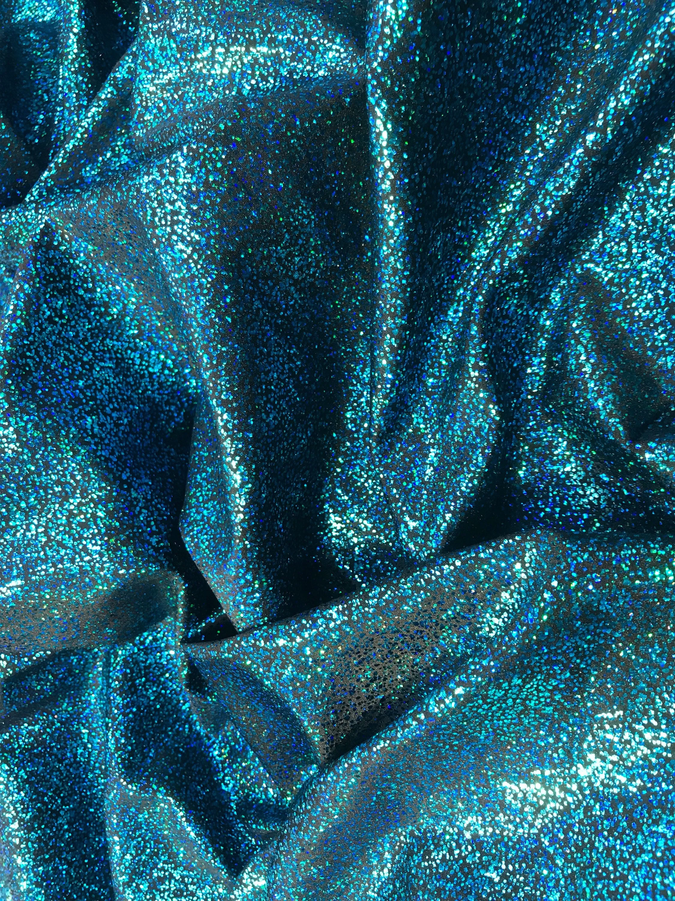 Turquoise-black iridescent shattered glass design 4 way Stretch nelon spandex-leggings-dresses-bathing suits-apparel-sold by the yard.