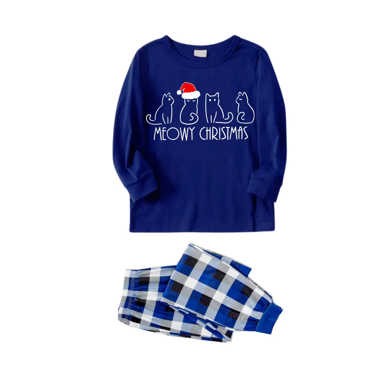 White Cute Head Christmas Hat Cat Pattern 2024 Blue Long Sleeves with Blue&White&Black Plaid Pants Family Matching Pajamas