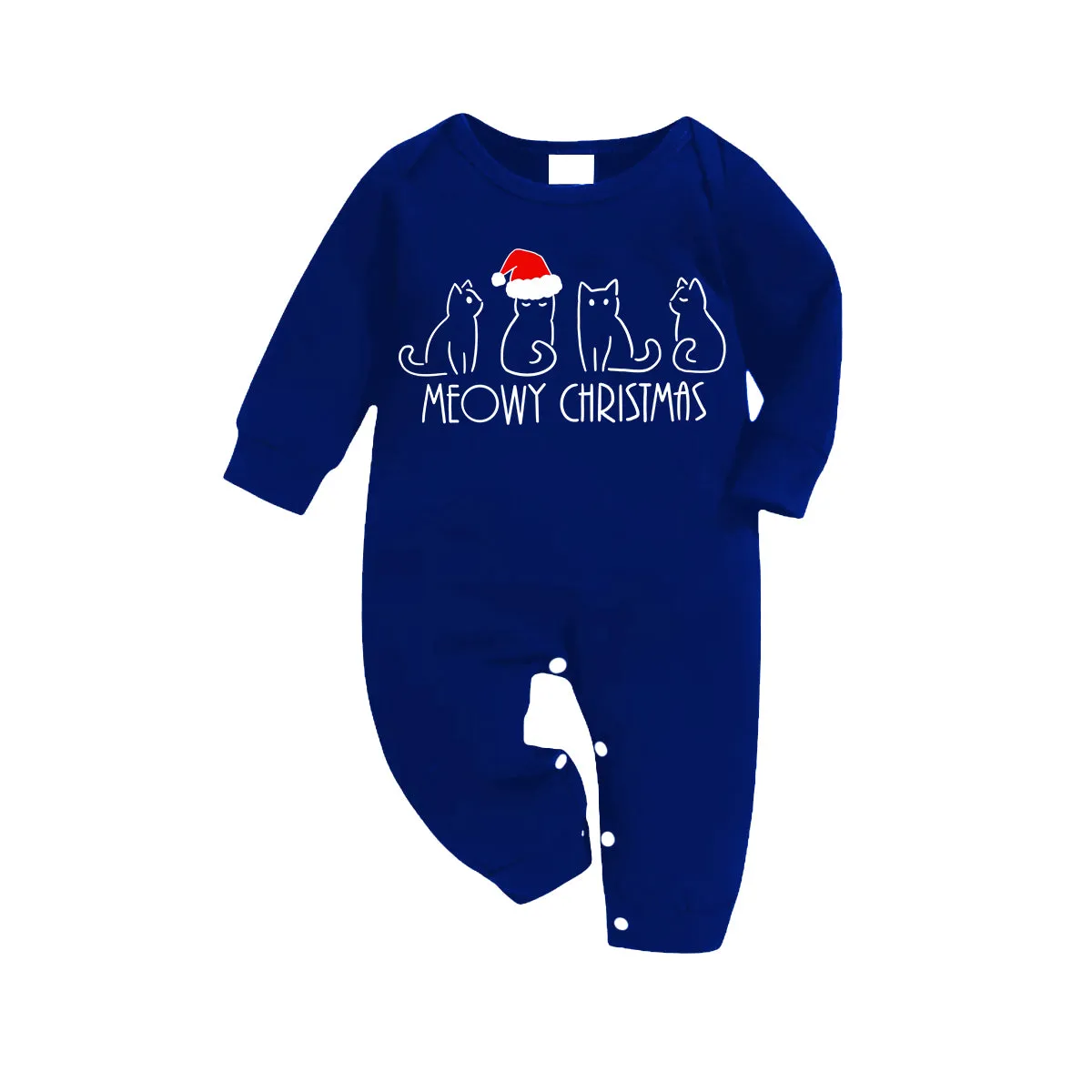 White Cute Head Christmas Hat Cat Pattern 2024 Blue Long Sleeves with Blue&White&Black Plaid Pants Family Matching Pajamas