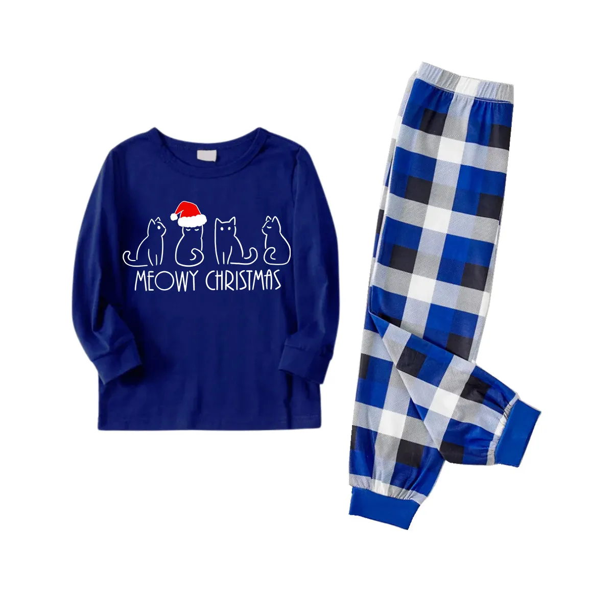 White Cute Head Christmas Hat Cat Pattern 2024 Blue Long Sleeves with Blue&White&Black Plaid Pants Family Matching Pajamas