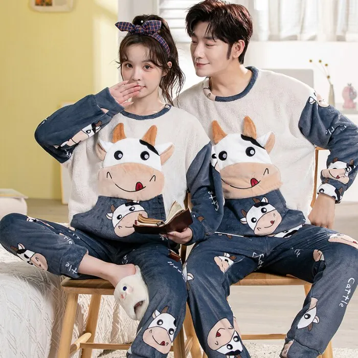 Winter Couple Pajama Set with Cartoon Print