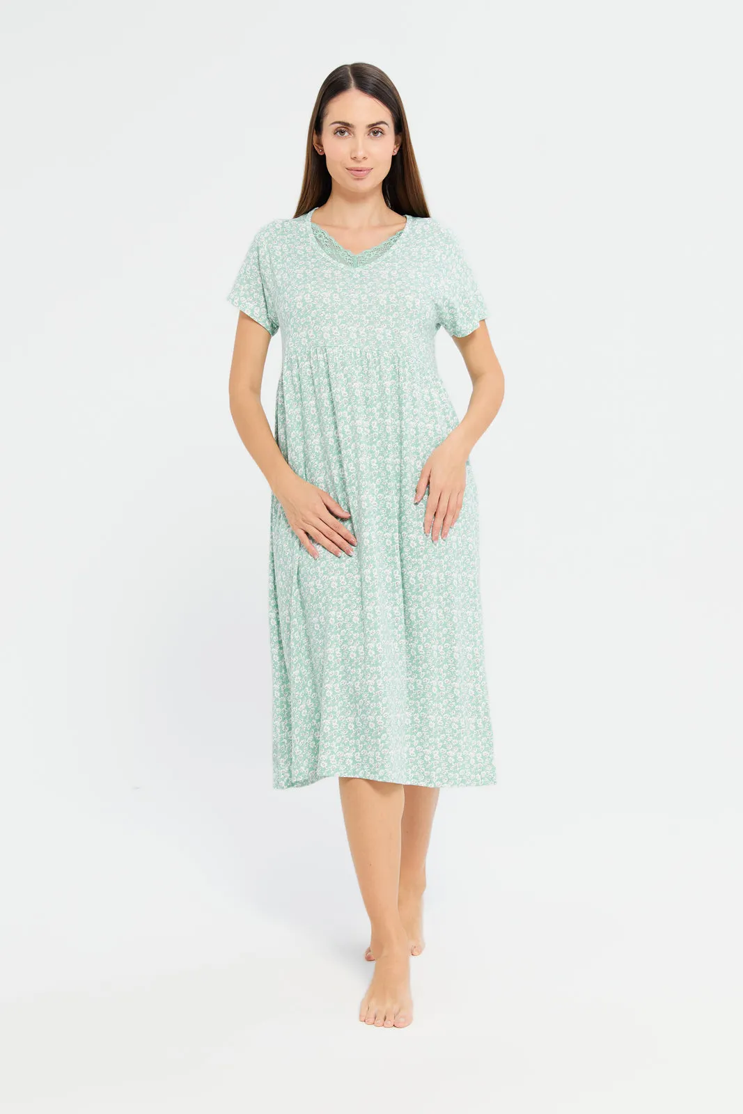 Women Mint Knit Printed Nightgown