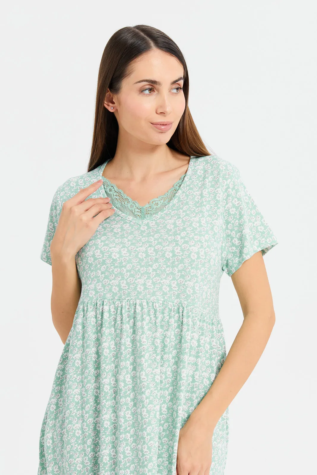 Women Mint Knit Printed Nightgown