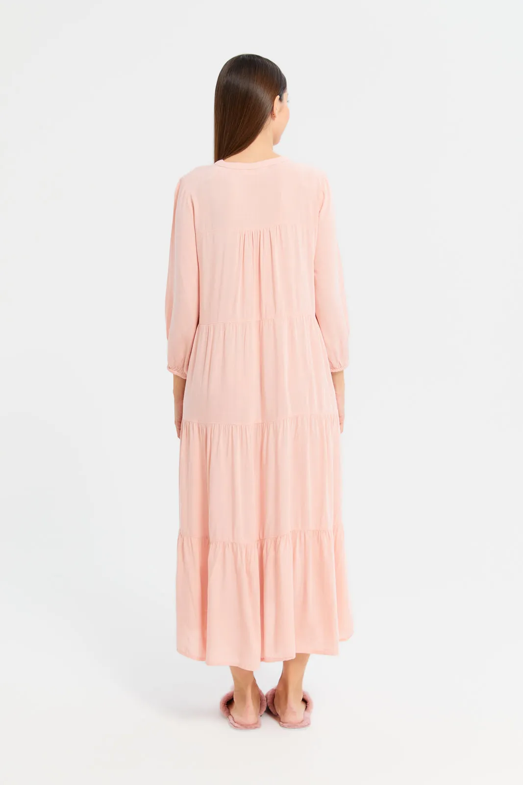 Women Pink Solid Tier Nightgown