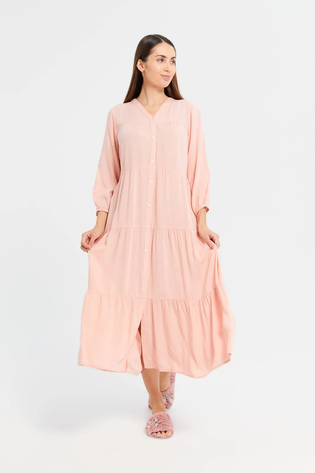 Women Pink Solid Tier Nightgown