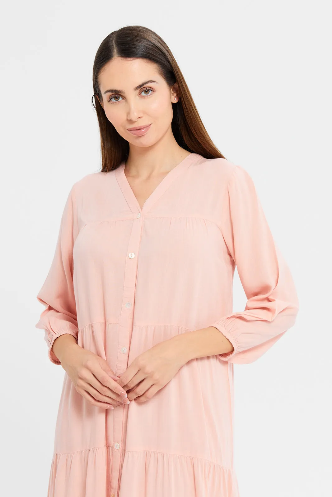 Women Pink Solid Tier Nightgown