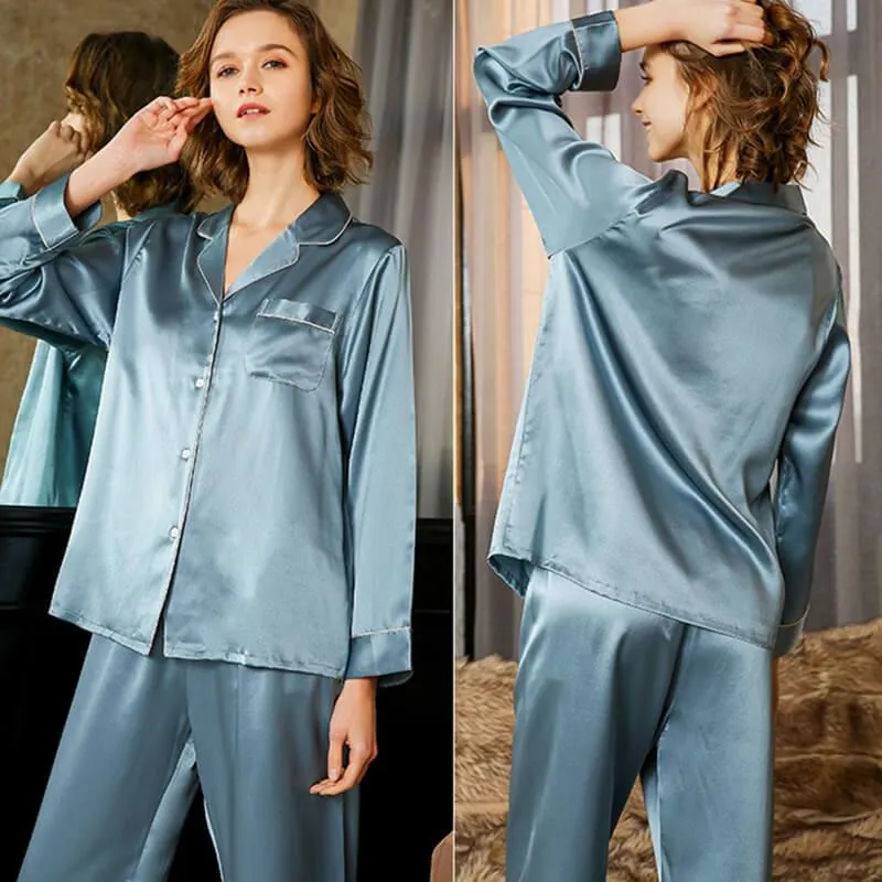 Women Silk Loungewear Blue Silk Long Sleeves luxury ladies Pajamas