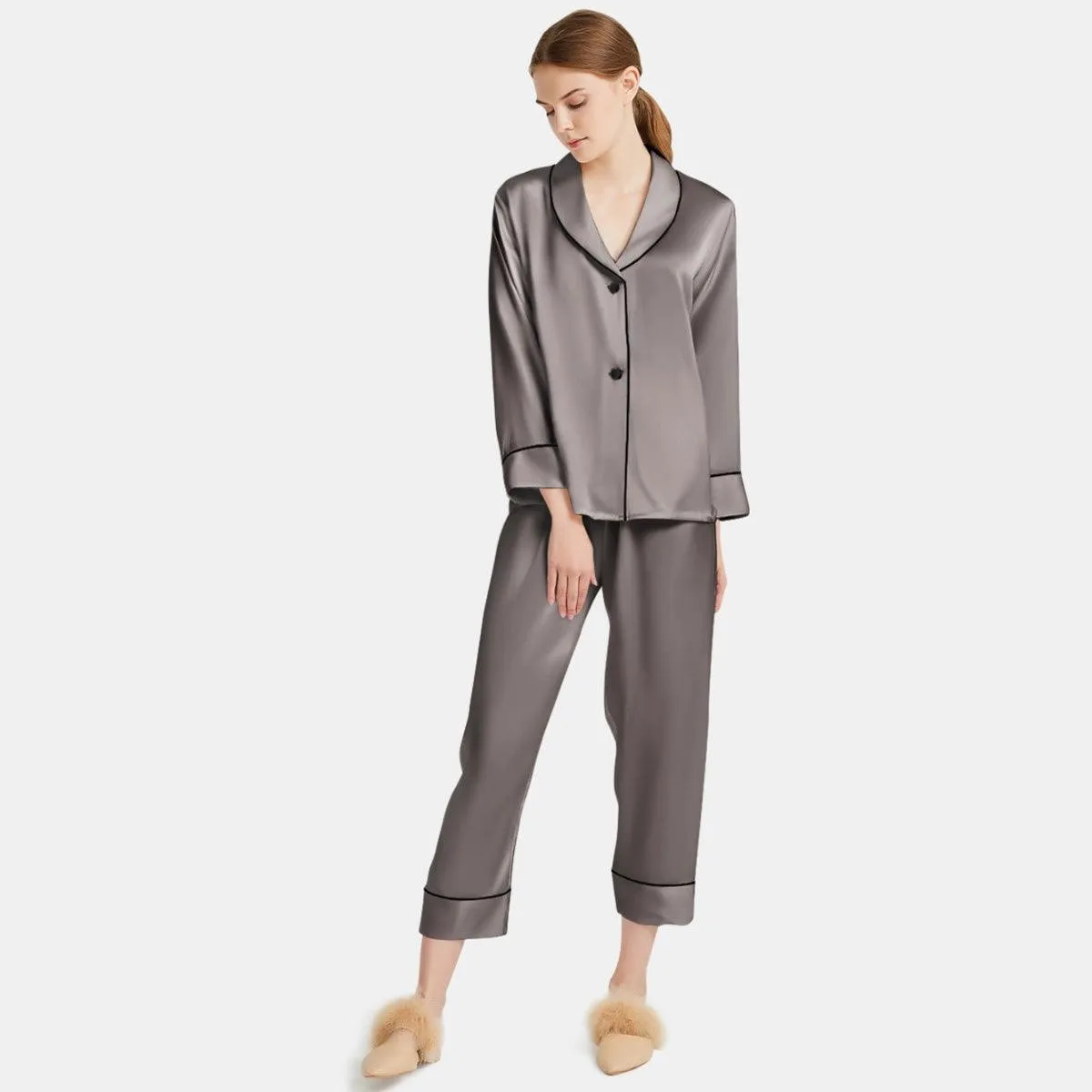 Women Silk Pajamas Long Sleeve Two-piece Sleepwear Pure Silk Pajama Set