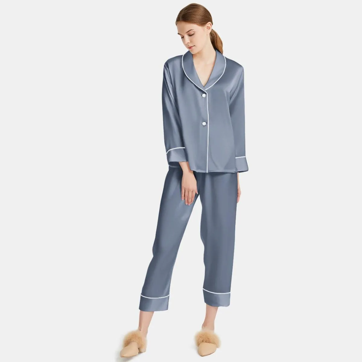 Women Silk Pajamas Long Sleeve Two-piece Sleepwear Pure Silk Pajama Set