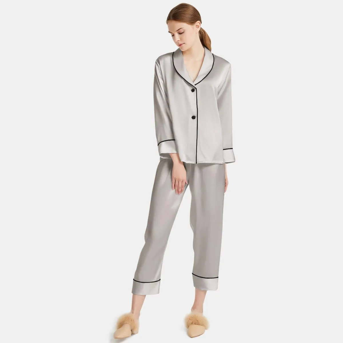 Women Silk Pajamas Long Sleeve Two-piece Sleepwear Pure Silk Pajama Set