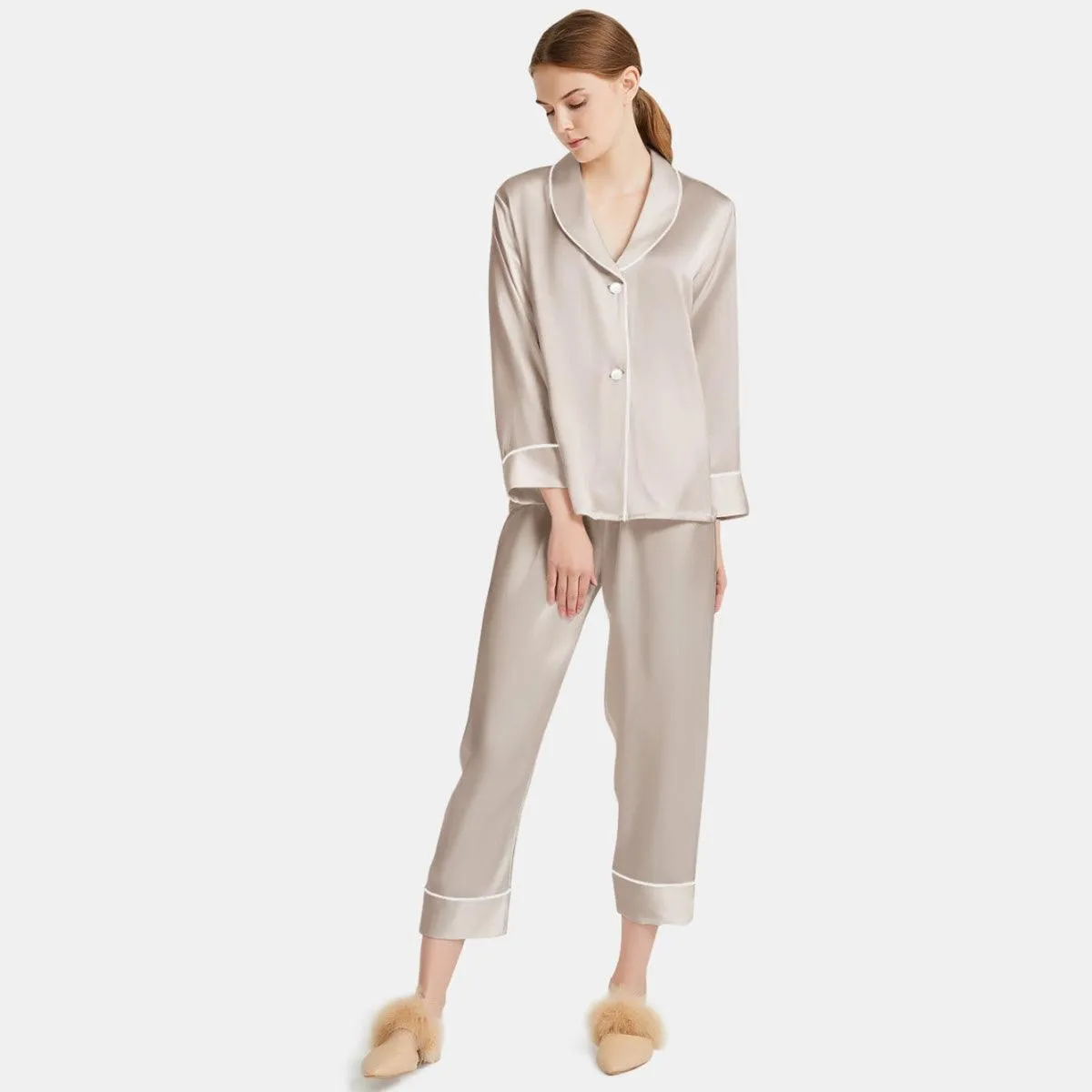 Women Silk Pajamas Long Sleeve Two-piece Sleepwear Pure Silk Pajama Set