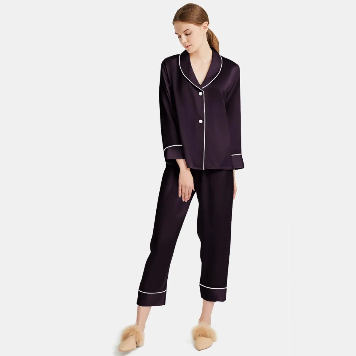Women Silk Pajamas Long Sleeve Two-piece Sleepwear Pure Silk Pajama Set