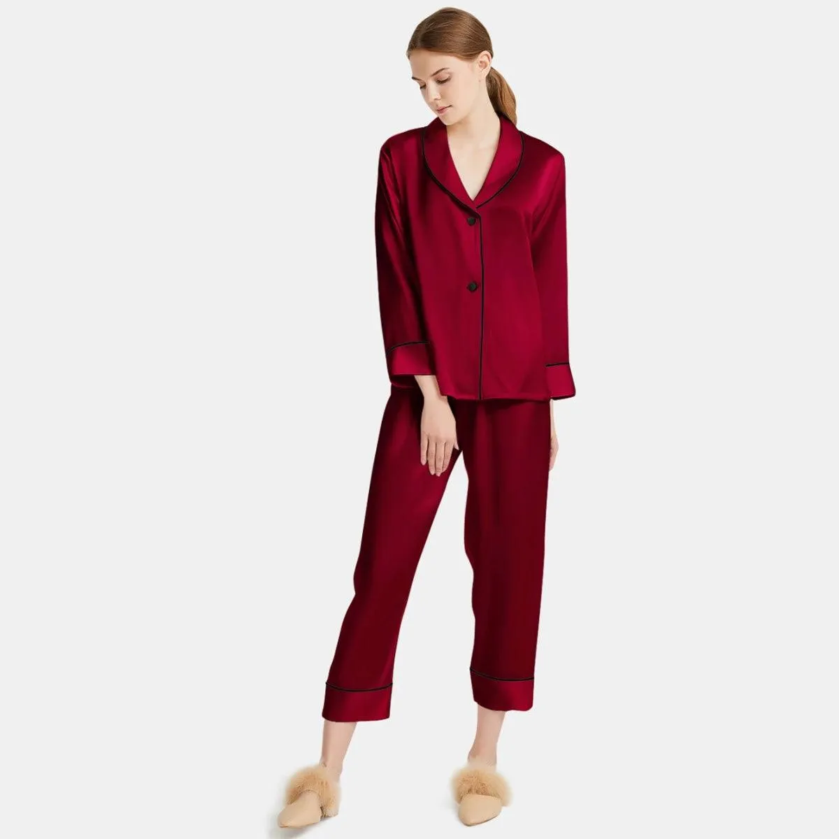 Women Silk Pajamas Long Sleeve Two-piece Sleepwear Pure Silk Pajama Set