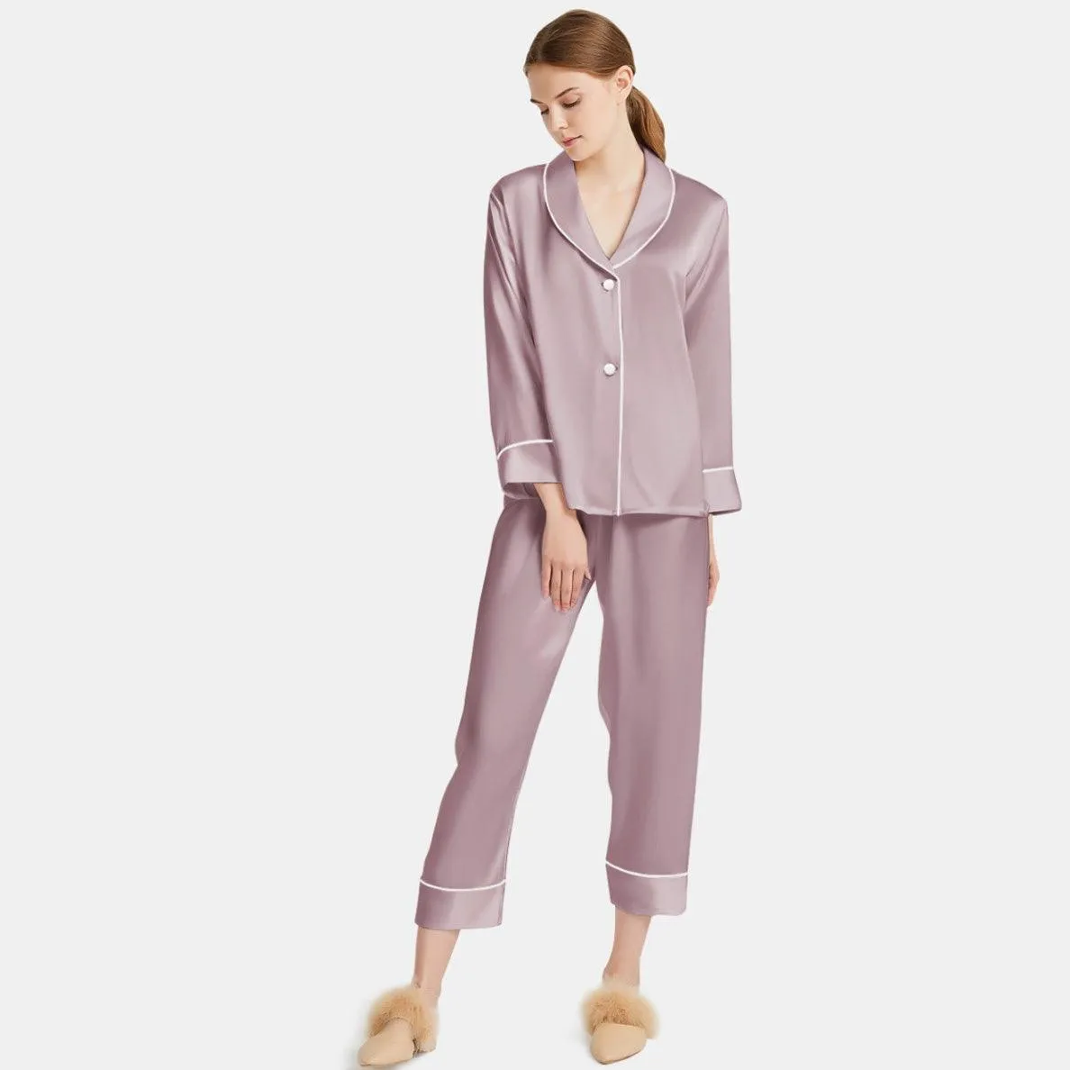 Women Silk Pajamas Long Sleeve Two-piece Sleepwear Pure Silk Pajama Set